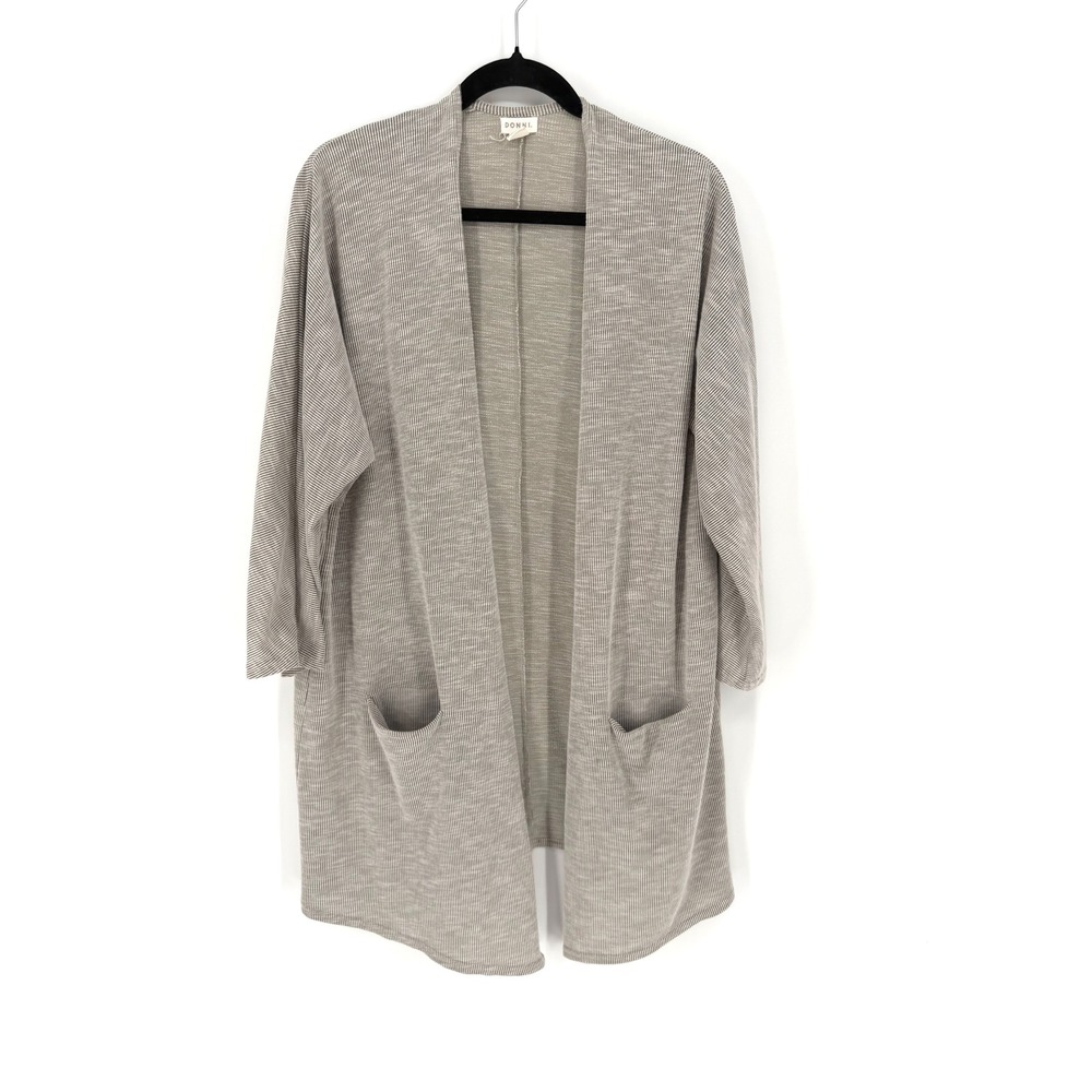 Donni Striped Open Front Cardigan Grey White Ribbed Pocket Oversized Loungewear